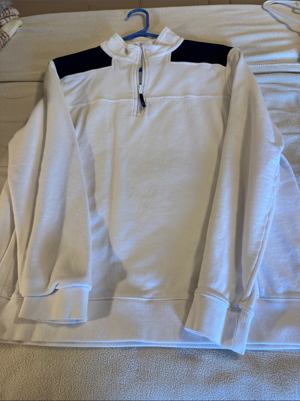 Women’s White Quarter-Zip Pullover Sweater with Navy Shoulder Accents